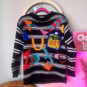 80s Vintage One Step Up Abstract Hand Knit Bright Novelty Print Sweater Women Sm